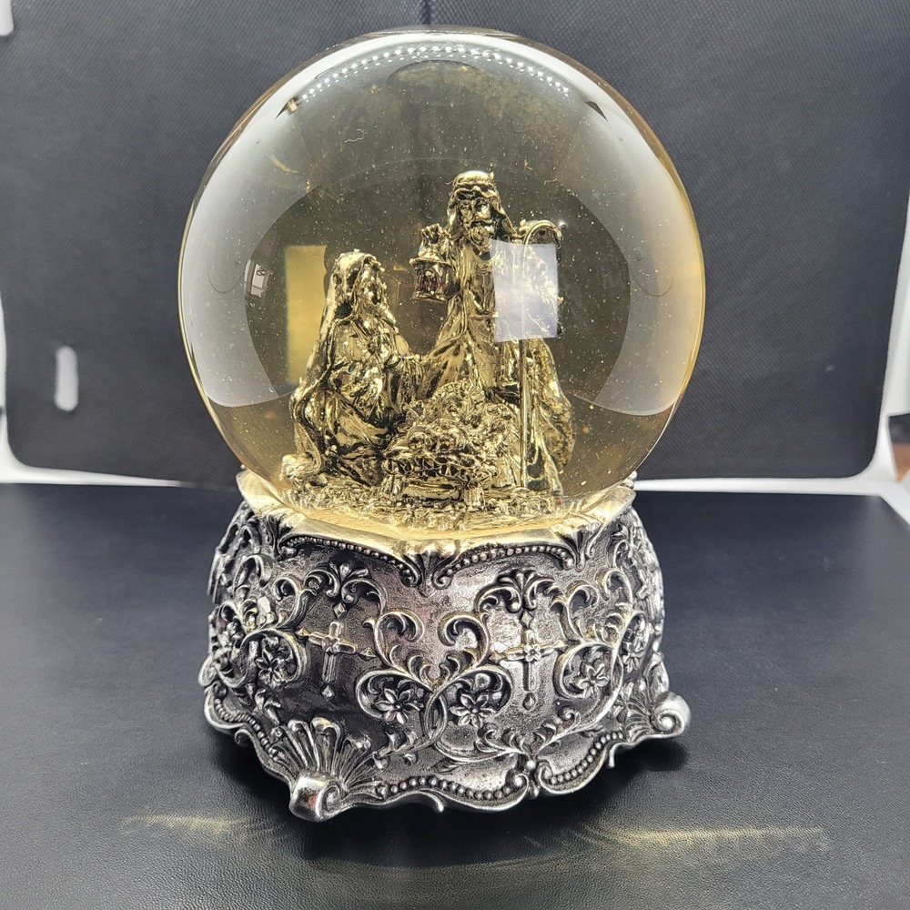 Vintage Musical See Video Nativity Snow‎ Globe Holy Fam Silver Ornate Metal Base